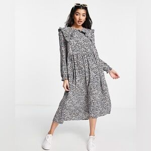 ASOS Black and White Floral Ruffle-Collar Midi Dress